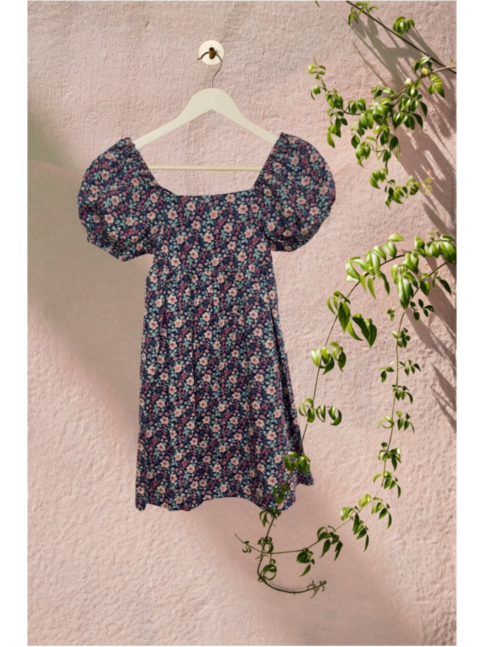 Nordstrom Navy Floral Puff-Sleeve Dress with Pink Accents